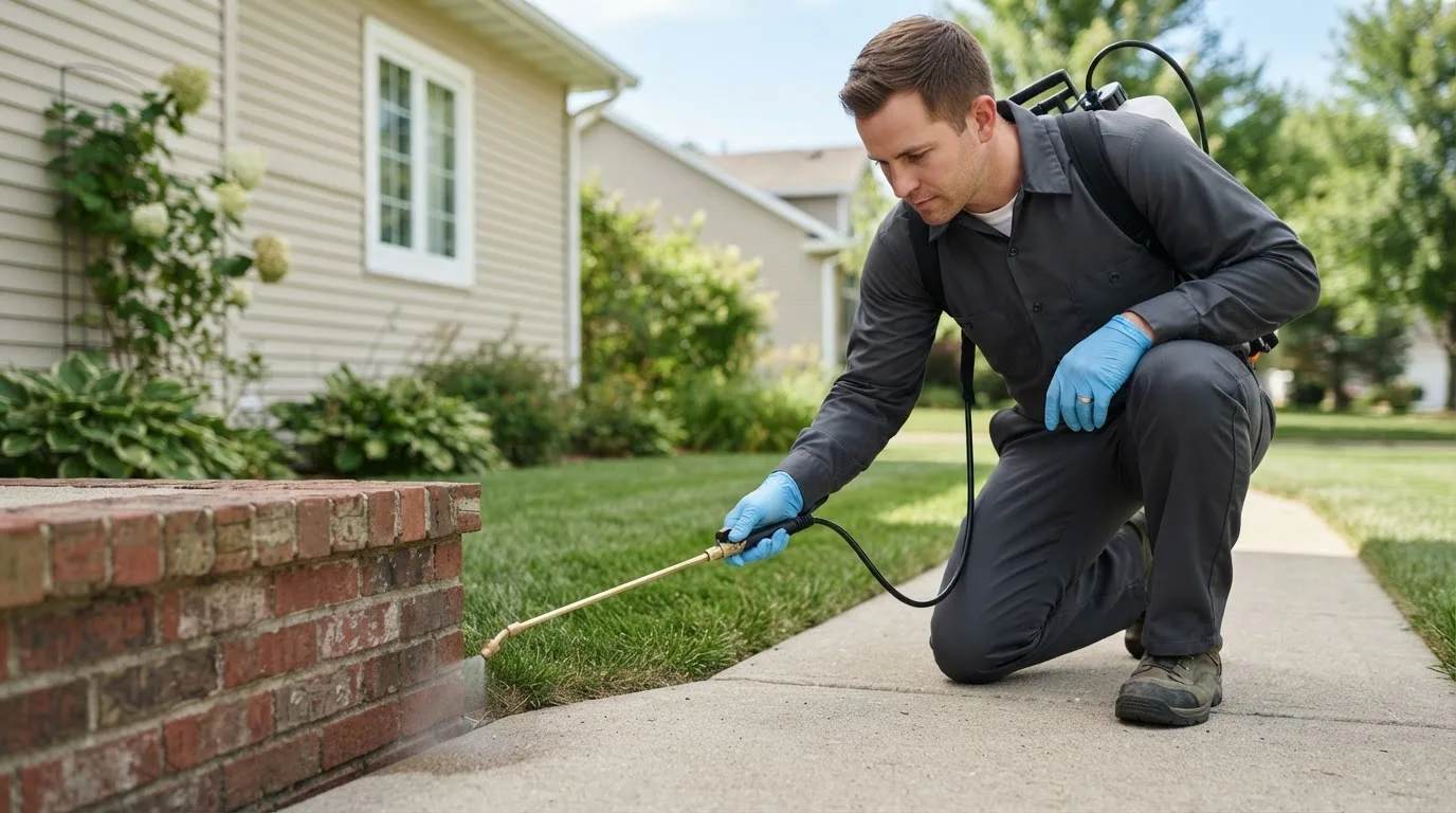 Pest control technician treating a home near West Hamlin, WV